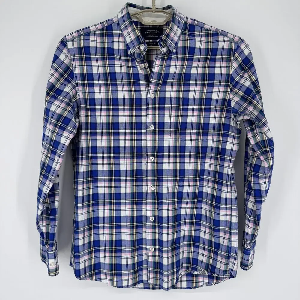 Charles Tyrwhitt Shirt Mens Medium‎ Blue Plaid Button Up Weekend Slim Fit Casual